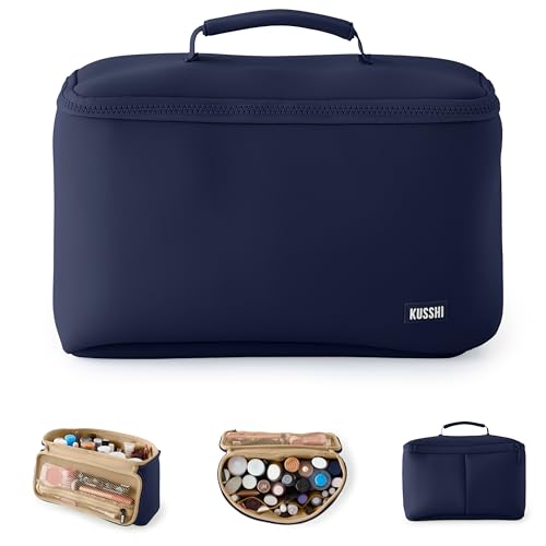 KUSSHI Neoprene Train Case Makeup Bag - Washable Makeup Travel Bag & Vanity Case for Stress Free Travel (Large, Navy/Khaki) - color: Navy/Khaki, size: Large