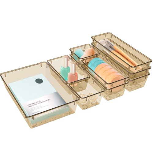 StorMiracle 10 PCS Drawer Organizer Set, 5 Varied Size Bathroom and kitchen Drawer cabinet organizer Trays, Clear Storage Bins for Makeup, Jewelry, Utensils and Gadgets, Champagne - color: Champagne, size: 10 PCS