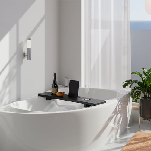 TINAMO 35" Acacia Wood Bathtub Tray, Adjustable Feet with Accessory Holders | Adjustable Width, Lightweight, 35" x 9" x 2.5", Anti-Tipping, Phone/Tablet Stand, Beverage Holder, Beveled Edge Design, Black - color: Black, size: 35" x 9" x 2.5"