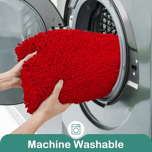 HOMEIDEAS Bathroom Rugs Set 2 Pieces, Ultra Soft Non Slip Absorbent Chenille Toilet Bath Mat Set (Red) - color: Red-red, size: 1'8" x 2'8" (U Shape 20"x24"+20"x32")
