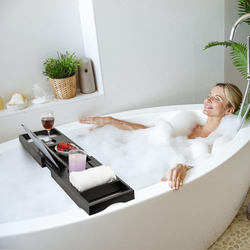 Utoplike Bamboo Bathtub Tray Caddy, Black Bath Tray Table for Tub, Adjustable Bathroom Organizer with Book Tablet Wine Glass Cup Towel Holder - color: Black