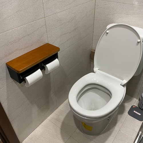 Toilet Paper Holder with Shelf- with Toilet Paper Cutting Function, Modern Toilet Paper Holder Wall Mounted for Bathroom Washroom (Wood Brown&Black, Double) - color: Wood Brown&black, size: Full