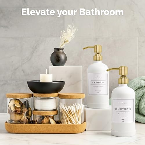 Vine Creations White Glass Soap Dispenser, 2 Pack Kitchen Soap Dispenser Set with Stainless Steel Pump, 16 oz Dish Soap and Hand Soap Dispensers for Bathroom with Waterproof Labels - color: Matte White Bottle / Brushed Gold Pump