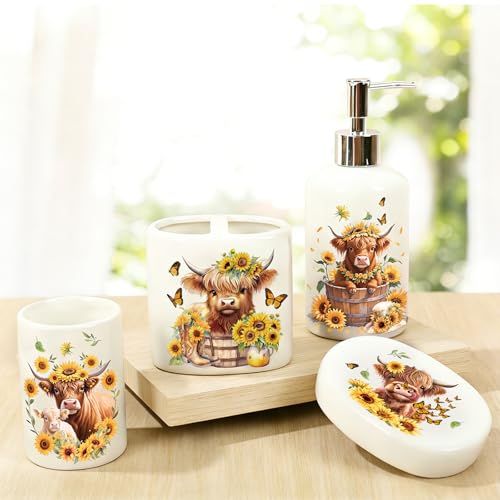 JarThenaAMCS 4Pcs Highland Cow Sunflower Bathroom Accessories Ceramic Liquid Dispenser Toothbrush Holder Tumbler Soap Dish for Summer Home Party Favors Supplies