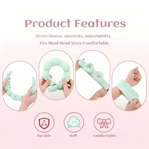 Headband for Washing Face and Wristband Set, Green | Soft absorbent fabric, snug head-hugging fit for face washing, skincare, makeup, masks, travel, women and teen girls - color: Green