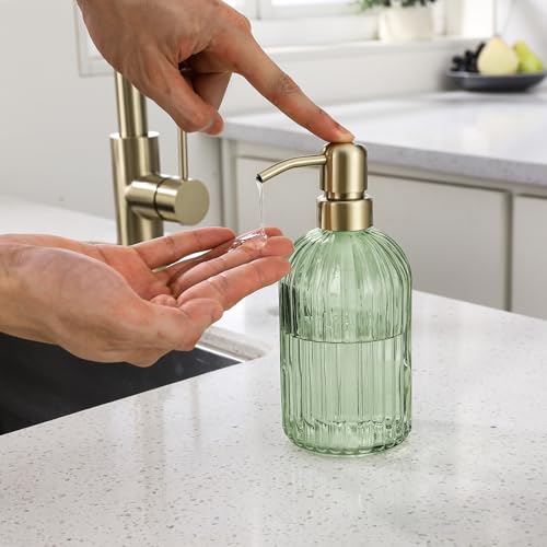 16Oz Green Glass Soap Dispenser with Rust Proof Stainless Steel Pump, Green Stripe Bathroom Hand Dish Lotion Dispensers with Brushed Gold Pump,Brushed Gold Glass Soap Dispenser,2 Packs - color: Brushed Gold + Green, size: 2-Pack