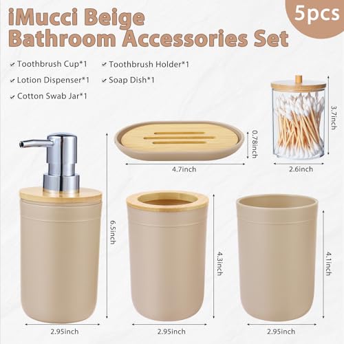 iMucci Bathroom Accessories Set 5Piece Beige Bathroom Sets, Toothbrush Holder, Toothbrush Cup, Lotion Soap Dispenser, Soap Dish and Qtip Holder Bathroom Decor - style: Beige