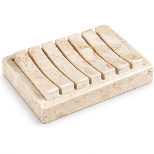 Creative Home Natural Champagne Marble Soap Dish, Beige, 5.2" x 4" | Handcrafted Stone, Non-Slip Base, Spa Collection Accessory, For Bathroom or Kitchen Sink - style: Soap Dish