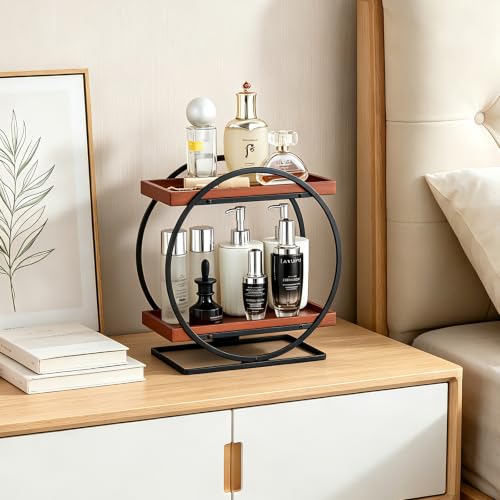 2-Tier Bathroom Counter Organizer, Wooden Perfume Organizer for Dresser, Bamboo Countertop Trays for Skincare Makeup Vanity Shelf, Organizers and Storage for Bathroom Kitchen, Black & Brown - color: Black and Wood