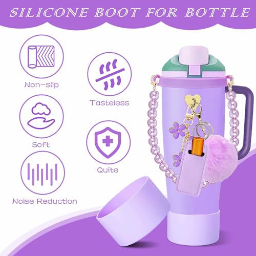 Compatible for Owala Accessories Bundle: Silicone Boot for FreeSip Sway 30oz & 40oz Bottles, Charms, Pearl Handle Strap, Rubber Bottom & Decorative Add-ons - color: Purple Plum