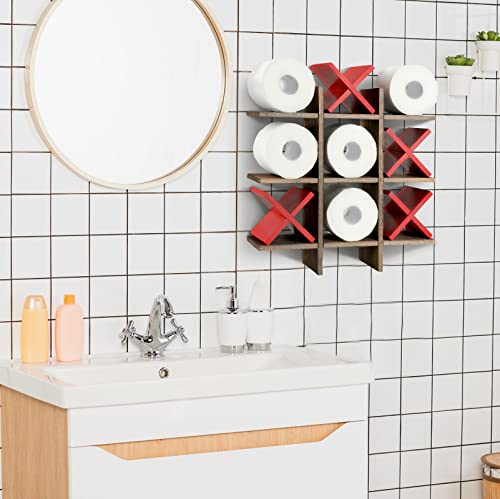Weysat Tic Tac Toe Toilet Paper Holder Stand Bathroom Wall Decor Rustic Wooden Hanging Storage Freestanding Wall Mounted Shelves Decor for Toilet Tissue Farmhouse - color: Brown, Red