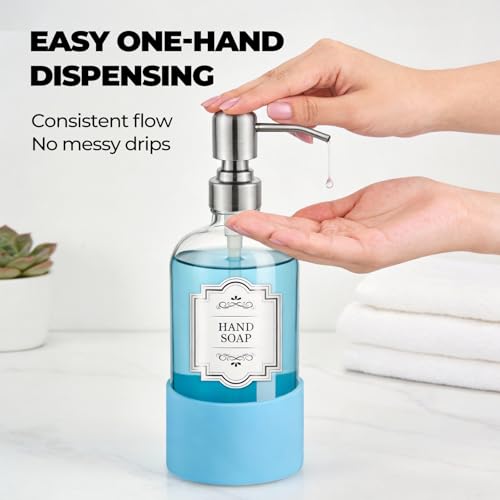 16 oz Hand and Dish Soap Dispenser Set for Kitchen and Bathroom, 500ml Clear Glass Soap Dispenser with Stainless Steel Pump, Non-Slip Silicone Sleeves, Labels - 2 Pack - color: Clear
