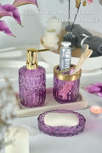 LaMrriti Purple Bathroom Accessories Set 5 Pcs, Glass Bathroom Set, Soap Dispenser and Toothbrush Holder Set, Q-tip Holder Set, Crystal Glass Vintage Bathroom Sink Set, Cute Bathroom Decor - style: Purple