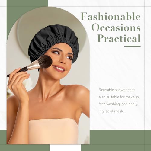 Reusable Shower Cap for Women, Large Waterproof Shower Bonnet Washable Elastic Band Bath Accessories Hair Hat for Long Hair, Braids(Black&Green) | Washable Design, Wide Elastic Band, Large Fit, Holds Long Hair, Braids Friendly, Bath Accessories, Spa, Trav
