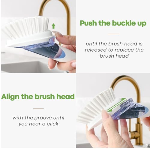 RIMAY Dish Brush with Soap Dispenser Storage Set, Soap Dispensing Dish Brush with 2 Pcs Brush Refills & Holder, Kitchen Dish Washing Wand with Handle for Dishes/Pans/Pots/Sink (White) - color: White-green