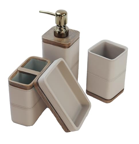 Hymmah Leather Pattern Design Bathroom Accessories Set,Farmhouse Bathroom Decor,4 Pcs Resin Gift Set Apartment Necessities, Contain Cotton Swab Jar,Soap Dispenser,Tumbler，Soap Dish/Tray - color: Light Beige Gray