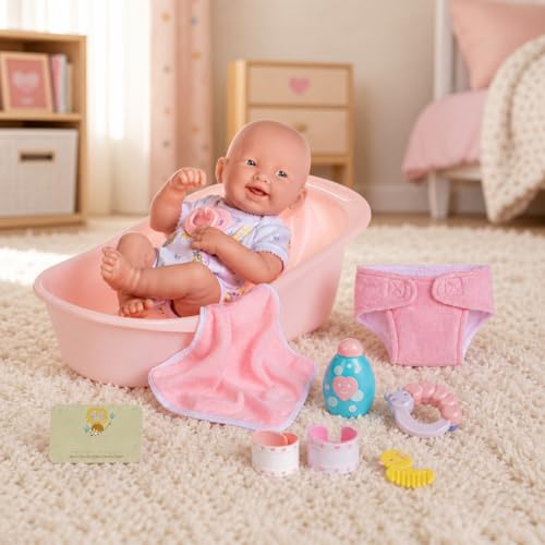 8 piece Layette Deluxe Bathtub Gift Set | JC Toys - La Newborn | 14" Life-Like Smiling Vinyl Newborn Doll w/ Accessories | Pink | Waterproof |Ages 2+ - color: Bath Pink