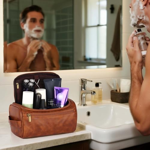 OXYEFEI Personalized Toiletry Bag for Men,Personalized Gifts for Men,Engraved Initial PU Leather Mens Toiletry Travel Shaving Travel Essentials Toiletries Bag for Him Birthday (G, Light Brown) - color: Light Brown, style: G