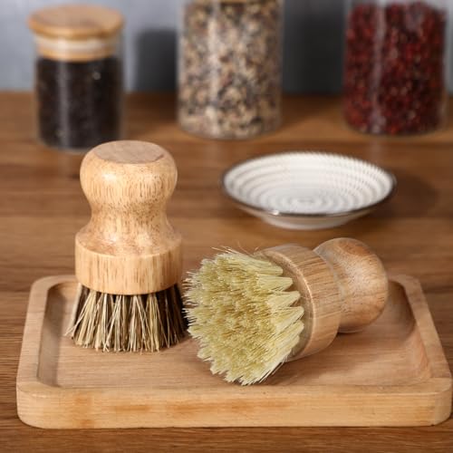 Nuenen 6 Packs Bamboo Dish Scrub Brushes Wooden Scrubbers Set Kitchen Dishwashing Scrubber with Natural Sisal Bristles for Iron Pot Pan Sink (Sisal and Coconut Palm) - size: Sisal and Coconut Palm
