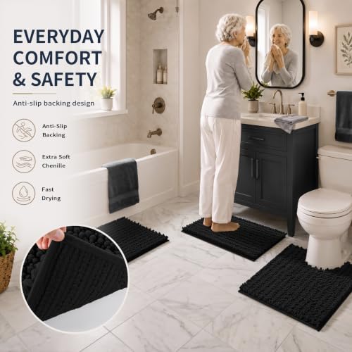 Yimobra Black Bathroom Rug Set 3 Piece - Super Absorbent Quick Dry Chenille Bath Mats & Toilet Rug, Non Slip Machine Washable, Extra Thick Shaggy Floor Mat for Shower Tub Sink - color: Black, size: 24"x17" + 24"x20" + 30"x20"