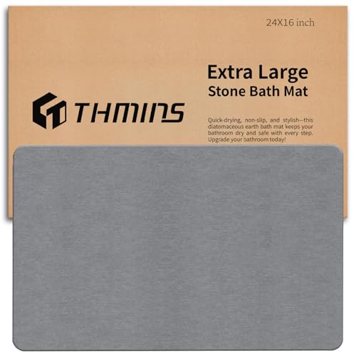 THMINS Large Stone Bath Mat, 24''x16'' Non-Slip Diatomaceous Earth Stone Bath Mat, Super Absorbent Quick Drying for Bathroom, Easy to Clean - color: Grey, size: 23.6x15.4''