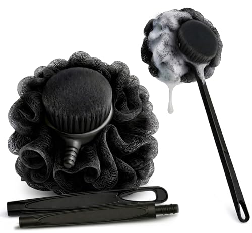 Loofah with Handle & Shower Brush Charcoal 2 Pack- Back Scrubber for Shower for Men & Women, Body Brush Ideal for Exfoliation, Back Loofah for Shower with Bath Brush, Long Handle for Shower Back Brush