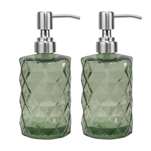 12Oz Green Soap Dispenser Bathroom - 2 Pack, Clear Glass Hand Soap Dispensers with Stainless Steel Pump, Refillable Dish Soap Dispenser for Kitchen, Countertop Soap Dispensers - color: Diamond Green（2-pack）