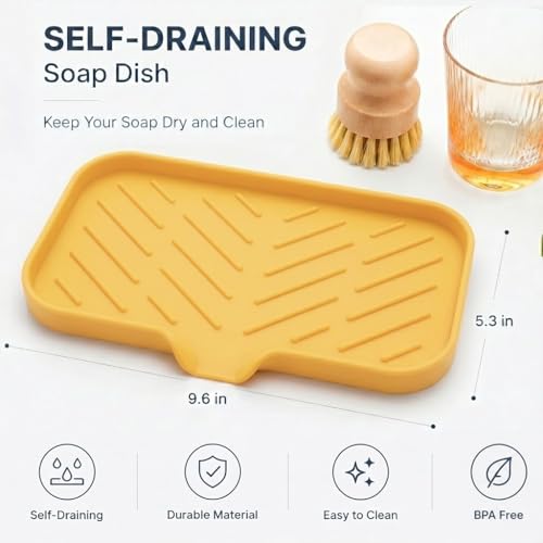 MicoYang Silicone Soap Dish with Drain Spout — Self-Draining Sink Organizer Tray for Bathroom & Kitchen, Sponges, Dispensers & Soap Holder, Non-Slip & Dishwasher Safe, Yellow (Medium, 9.6"×5.3") - color: Yellow, size: M(9.6"×5.3")