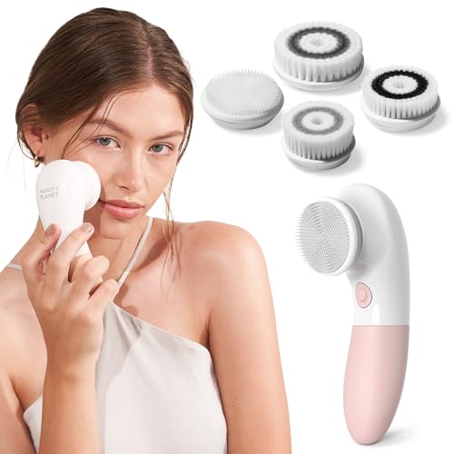 Vanity Planet Raedia Facial Cleansing Brush - Electric Facial Cleansing Brush with 4 Exfoliating Brush Heads - Waterproof, Handheld, Lightweight for Face Scrubber and Exfoliating Face - Dusty Pink - color: Dusty Pink