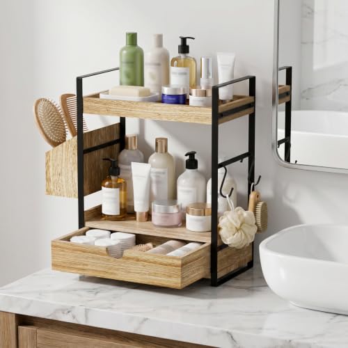 Kottwca 2-Tier Bathroom Counter Organizer with Drawer, Basket & Hooks, Wooden Vanity Shelf for Skincare, Perfume & Makeup Storage(Light Brown) - color: Light Brown