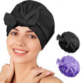 Shower Cap for Women Reusable Waterproof, Large Satin Shower Bonnet, Washable Bath Hat for Long Hair, Braids, Curly Hair, Black+Purple - color: Black + Purple