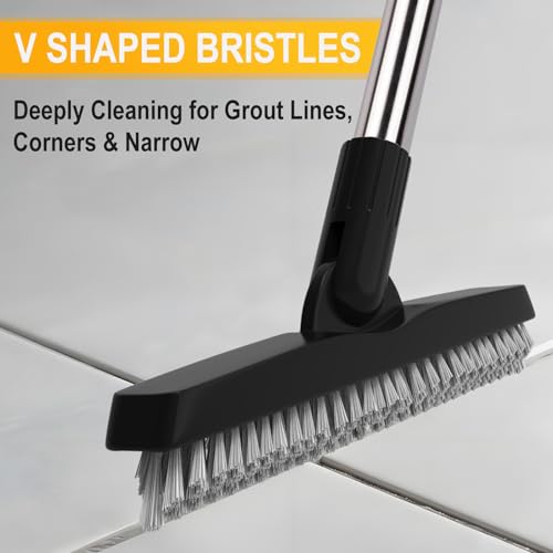 2 Pack Grout Brush with Long Handle, Swivel Cleaning Grout Line Scrubber - Extendable Durable Handle Grout Cleaner Brush for Bathroom,Tile,Baseboard,Walk in Shower,Corner & Narrow Space (Black) - color: Black