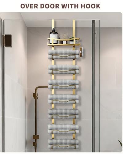 Hanging Towel Racks for Bathroom No Drill - Over The Door 8-Tier Bath Towel Storage Organizer for Small Bathrooms - Back Door Large Tiered Towel Holder Hanger for Rolled Towels RV Camper Gold - color: Gold, size: 8 Tier