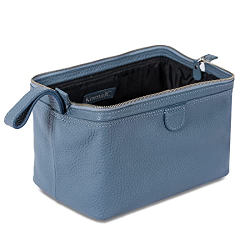 KomalC Premium Buffalo Leather Toiletry Bag for Men & Women With Water resistant Lining, Grooming Travel Pouch, Unisex Wash Bag for Toiletries, Gifts for Men and Women - color: Blue