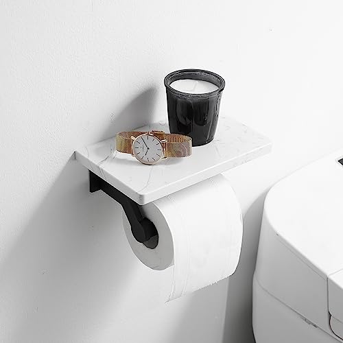 Hoimpro Matte Black Aluminum Toilet Paper Holder with White Natural Marble Shelf, Wall Mounted Tissue Hand Paper Roll Storage Holder for Bathroom Kitchen Washroom Bedroom - color: Black