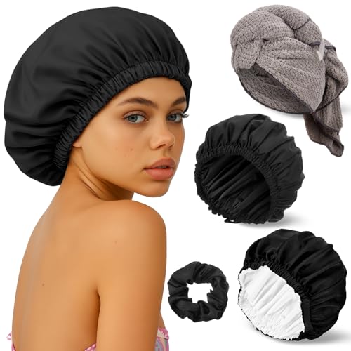 4 Pcs Microfiber Drying Hair Wrap Towels Reusable Waterproof Shower Cap with Elastic Band Adjustable Silk Hair Bonnet for Sleeping with Scrunchie for Women Christmas Favor Gifts(Black)