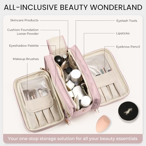 HauteHues Travel Makeup Bag Women's Large Capacity Cosmetic Portable Organizer Large Opening Waterproof Storage Toiletry Bags Vertical Free-Standing Brush Holder for Easy Access Pink - color: Pink