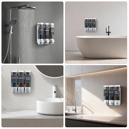 Shampoo and Conditioner Dispenser,Shower Soap Dispenser 3 Chamber No Drill Wall-Mounted for Bathroom & Hotel Leak-Proof Pumps, for Thick Liquids Like Conditioner - 1050ML High Capacity, Silver - color: Silver