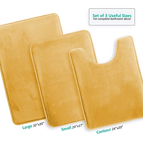 Clara Clark Bathroom Rug Set, 3 Piece Velvet Memory Foam Bath Mats with Non-Slip PVC Backing, Gold - color: Camel Gold, style: 17 x 24 + 20 x 32 + Contour