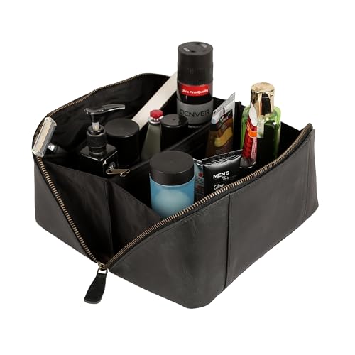 KomalC Luxury Leather Men’s Toiletry Travel Bag – Handmade Shaving Kit with Waterproof Interior, Spacious Storage & Carry Handle – leather travel Kit Bag for Men & Women (Black) - color: Black