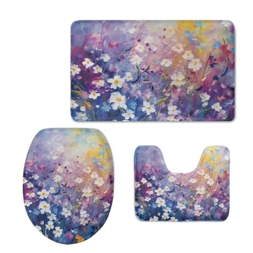 Daisy Print 3 Piece Bathroom Rug Set Soft Contour Rug + Toilet Lid Cover + Bath Mat Toilet Seat Cover with Lid Cover Toilet Seat Cover and Rug Set Toilet Seat Cover Set with Easy Cleaning - color: Daisy Print