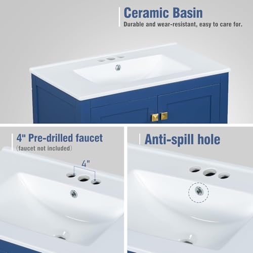 Linique 30" Modern Bathroom Vanity with Sink Combo Set, Solid Wood Frame Bathroom Storage Cabinet with 2 Soft Closing Doors and a Drawer, Multifunctional Storage, Blue - color: Blue
