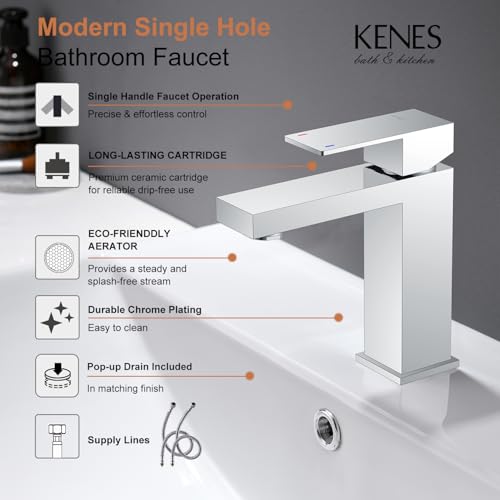 KENES Chrome Bathroom Faucet Single Handle Bathroom Sink Faucet Lavatory Vanity Faucet with Pop Up Drain & Water Supply Lines LJ-9031-5 - color: Chrome, size: Short