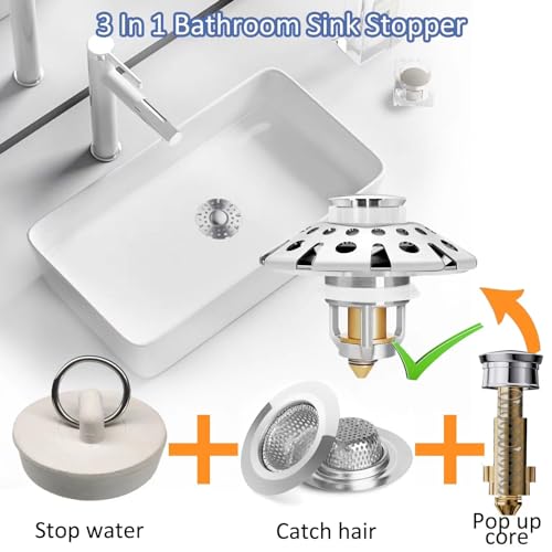 AzWzz Bathroom Sink Stopper,Sink Hair Catcher,Bathroom Sink Drain Strainer Pop Up Drain Cover Plug,Universal for 1.1 to 1.65in Sink Drain Hole - color: Chrome Silver, style: Bathroom Sink Stopper with Hair Catcher