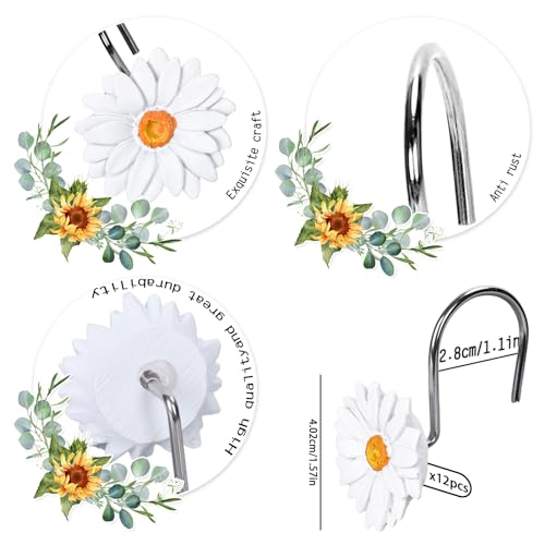 Whaline 12Pcs Spring Daisy Shower Curtain Hooks Summer White Flower Shower Rod Rings Boho Floral Decorative Curtain Hanger Hooks for Living Room Bedroom Bathroom Decor - color: White