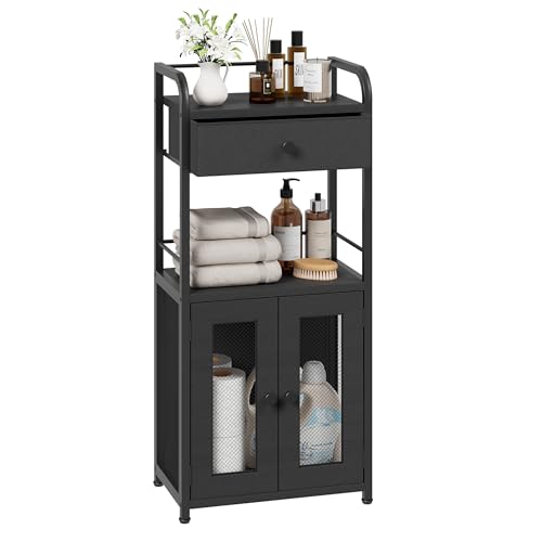SWTYMIKI 14.57"x32.28" Bathroom Storage Cabinet – Freestanding Toilet Paper Storage with Doors & Drawer, Bathroom Organizers and Storage for Small Spaces, Laundry Room, Ideal for Towels, Black - color: Black