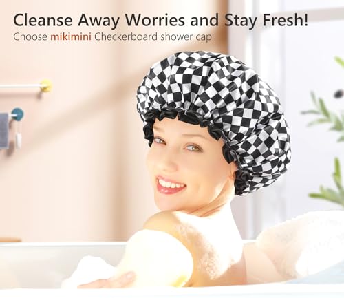 mikimini Shower Cap for Women, Reusable, Double Layers Waterproof Bathing Shower Hat with Soft Comfortable PEVA Lining, Non-fading, Stretchy & Shower Cap for Long Hair Medium Pack of 2, Checkered - size: M/2PC