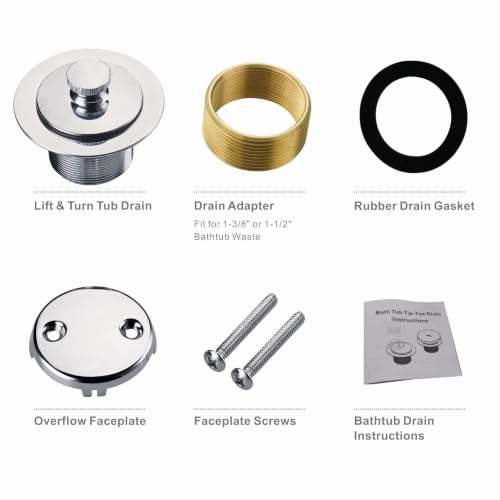 HIDROP Chrome Tub Drain Lift and Turn Assembly, 2-Hole Overflow Faceplate | Stainless Steel Tub Drain, Universal Fine/Coarse Thread fit 1-3/8" or 1-1/2" Tub Drain, Bathtub Drain Conversion Kit - color: Chrome