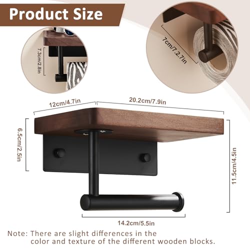Toilet Paper Holder with Walnut Wood Shelf, Adhesive & Wall Mounted Toilet Paper Roll Holder, Black Stainless Steel Rustproof Toilet Paper Holder for Bathroom, Washroom, RV, Kitchen