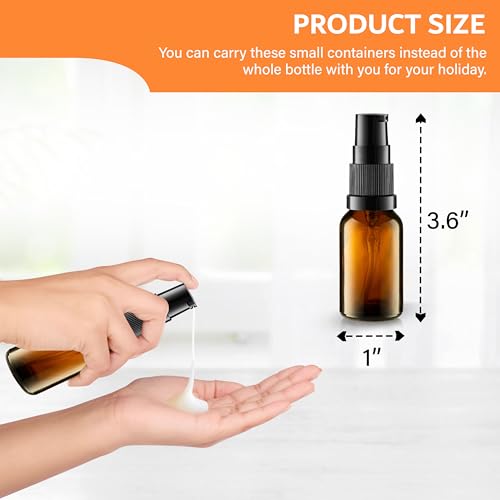 VitalUp 12 Pack Empty Refillable Glass Amber Pump Bottle Ideal for Lotion Cream Essential Oil Travel Small Container, 15ml - size: 12 Pack (15ml)